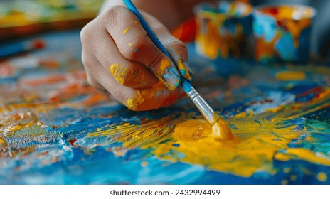 キャンバスに絵の具を描いたアーティストの手、キャンバスに鮮やかな色を塗るアーティストの絵の具で覆われた手の接写の写真素材