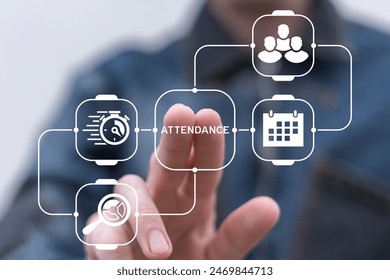 Attendance Management Business Education concept. Man working on virtual touch screen presses word: ATTENDANCE. Office software and user personal account. स्टॉक फोटो