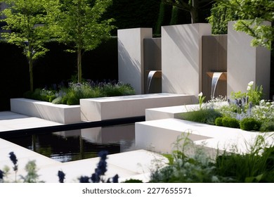 Avant-garde Garden Design with Geometry, Lush Vegetation and Stylized Water Fountain in Perfect Harmony Foto stock