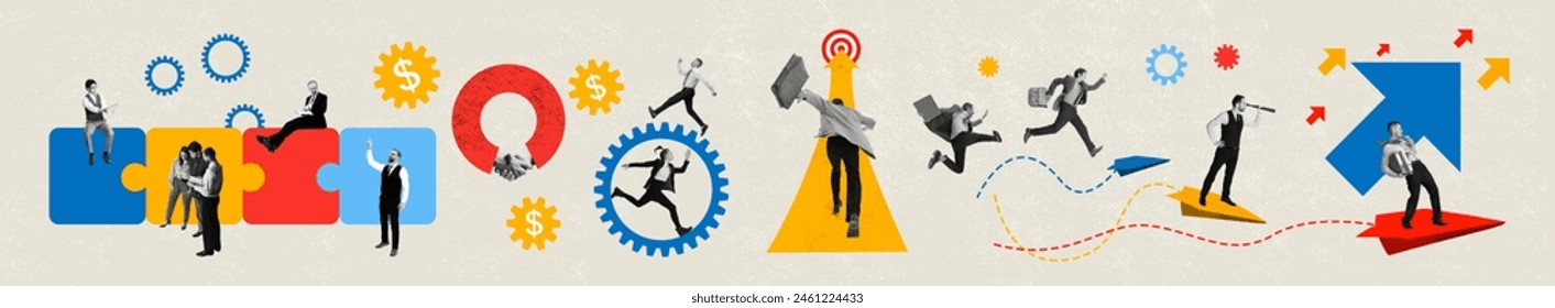 Banner. Contemporary art collage. Start up. Employers collaborate, fostering business growth and personal development. Concept of business planning, marketing, strategy, career growth. 库存照片