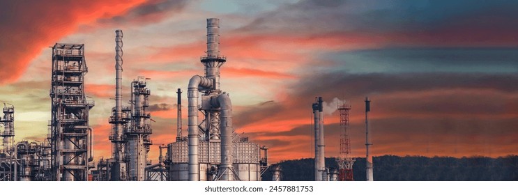 Banner Oil refinery gas petrol plant industry with crude tank, gasoline supply chemical factory. Petroleum barrel fuel heavy industry oil refinery manufacturing factory plant on twilight night time: zdjęcie stockowe