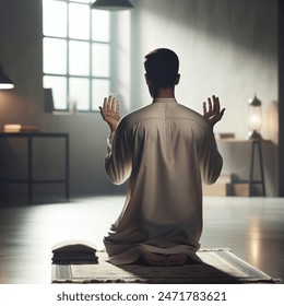 The back of a Muslim man can be seen raising his hands to pray in a solemn room