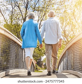 Back, bridge and senior couple holding hands, walking in park together for bonding or retirement. Garden, love or nature with elderly man and woman outdoor in summer for relationship or wellness – Ảnh có sẵn