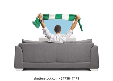 Back view of a man cheering with a scarf in front of a tv screen isolated on white background Foto stock
