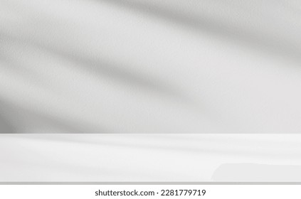 Background White Wall Studio with  Shadow Leaves, light Cement floor Surface Texture Background,Empty Kitchen Room with Podium Display,Top Shelf Bar,Backdrop Concrete background,Cosmetic Product : stockfoto