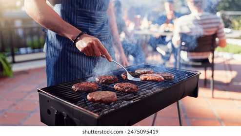 Barbecue, lunch and man with burgers outdoor backyard for meal at reunion, social event or party on terrace. Grill, food and male person cooking patty, beef or meat for bbq dish on weekend at home. Arkistovalokuva