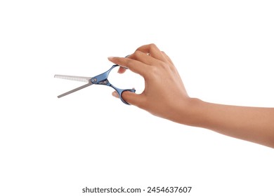 Barber, scissors and hand of person in studio for hair care and beauty on white background. Hairdresser, tools and blade for cutting hairstyle, trim or grooming in salon with beautician or stylist Stock-foto