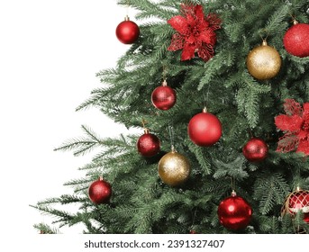 Beautiful Christmas tree decorated with ornaments isolated on white Foto stock