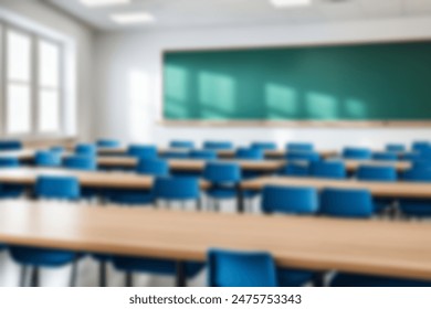 Beautiful blurred background of bright classroom and study room with panoramic windows and beautiful lighting. Blurred Empty school background. ภาพถ่ายสต็อก