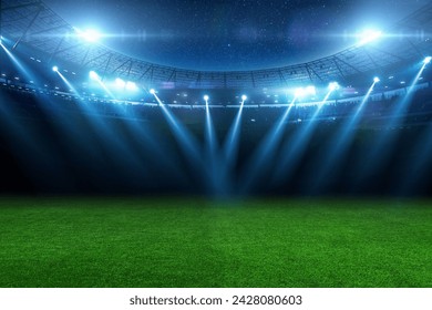 푸른 잔디밭이 있는 아름다운 스포츠 경기장은 별이 있는 밤이면 푸른 스포트라이트로 빛난다. 스포츠 토너먼트, 세계 선수권 대회 스톡 사진