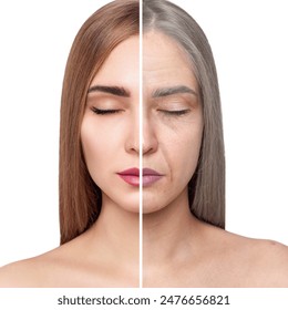 Beautiful woman face before and after aging. - Φωτογραφία στοκ
