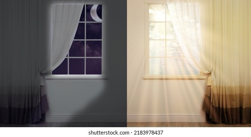 昼と夜の窓から美しい空の景色、コラージュの写真素材