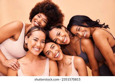 Beauty, diversity and portrait of women happy with makeup for cosmetic skincare isolated in studio brown background. Skin, aesthetic and young friends together for self care, dermatology and support Stockfotó