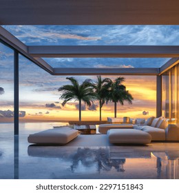 Beachside luxury house scene of photorealistic colorful sunset from infinity pool with palm trees with sun visible colorful