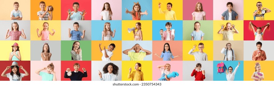 컬러 배경에 있는 어린 아이들의 큰 콜라주 스톡 사진