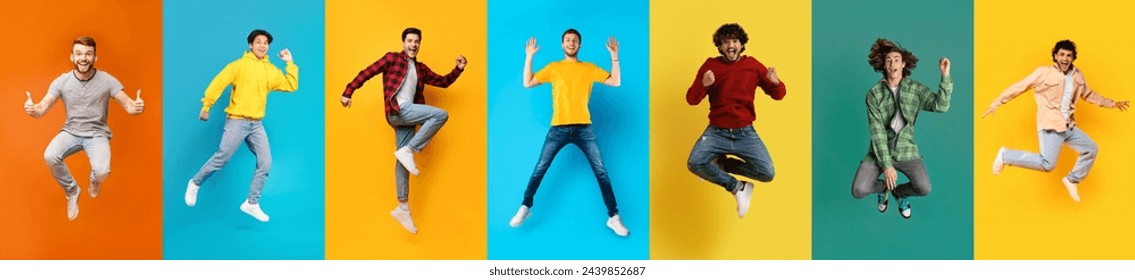 Big Luck. Diverse Happy Males Jumping Against Bright Backgrounds In Studio, Cheerful Multiethnic Men Celebrating Success Or Having Fun, Posing On Colorful Backdrops, Collage, Panorama Stockfoto