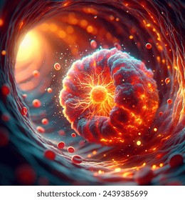 Bokeh photo of a mass of fiery cells flying down a blood vessel