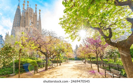 Blooming spring park in Barcelona city centre, Spain travel photo. Beautiful panoramic view of Barcelona cityscape, Sagrada Familia - famous architectural attraction on a background. Stock-foto