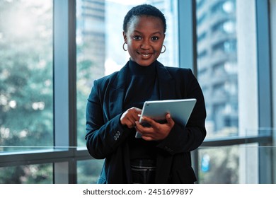 Black woman, tablet and portrait by window for corporate career with communication, online and agency office. Tech, worker and African manager in workplace with web, professional job and app for text: stockfoto