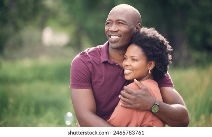 Black couple, happy and hug outdoor in park with love for relationship, romance and commitment. Smiling, man and woman embrace in nature for relaxing, dating fun and bonding on weekend adventure Stock-foto