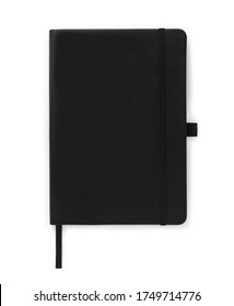 Black leather notebook mockup with elastic isolated on white background. Top view, Clipping path. Adlı Stok Fotoğraf