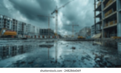 曇り空の下にクレーンや建物と工事現場のぼかした背景。都会開発写真。建設・不動産開発のコンセプト。建設業。スペート。の写真素材