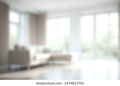 Blur living room at home with morning sunlight at big window for background usage. blur interior background concept. white, britht tone. - Φωτογραφία στοκ