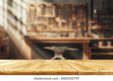 당신의 장식을 위한 빈 공간의 갈색 오래된 책상. 홈 인테리어의 작업장 배경 흐려짐. 자연적인 태양 빛과 기분. 제품을 위한 공간과 모크업  스톡 사진