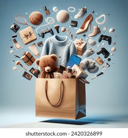 brown paper shopping bag with handles. out of the bag a sweater, new shoes, a video game controller, a makeup set, a pearl necklace, a smart phone, a laptop, a teddy bear, a measuring tape, a new basketball and gift boxes flying out of the shopping bag in