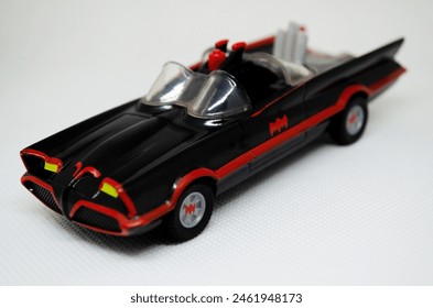 Brazil - April 10, 2024 : Batmobile 1960's Serie Toy Car Left Side Editorial Stock Photo