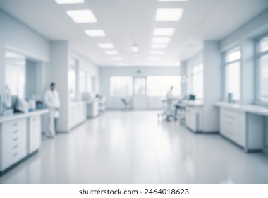 Bright, empty defocused hospital corridor background with copy space Stockfoto