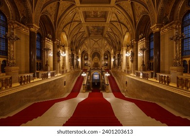 Редакционная стоковая фотография: Budapest, Hungary - December 9, 2023: interior view of the Hungarian Parliament Országház architecture, no people are visible.