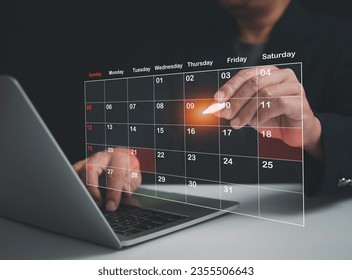 Businessman marking dates on virtual calendar, managing his business schedule, setting reminders for important appointments, creative collage for planning ideas, appointment scheduler Stock fotografie