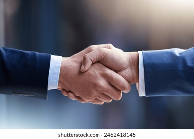 Business, agreement or handshake with zoom for cooperation, welcome or thank you for meeting. Partnership, shaking hands or contact with greeting for b2b or teamwork, collaboration or success, fotografie de stoc