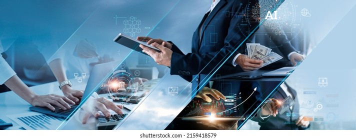 グローバルなビジネスネットワーク上のビジネスと経済成長、金融と銀行のデータ分析、株式、AI、技術とデータ接続、セキュリティ、ブロックチェーンとネットワーキング、ビジネス戦略。 の写真素材