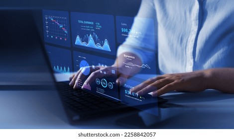 Business finance data analytics graph.Financial management technology.Advisor using KPI Dashboard on virtual screen. Stock-foto