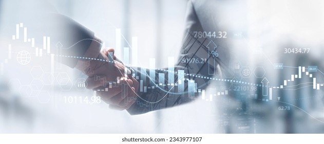 Business finance and investment background, global business and data analysis concept. Businessmen  making a handshake with economic graph growth chart, business development, joint venture Foto Stok