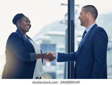Business people, handshake and excited promotion or hiring congratulations or onboarding, interview or contract. Man, woman and merger deal for company welcome or recruitment, happy or partnership: stockfoto