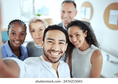 Business, people and selfie with teamwork in workplace, happy and online post for company pride or memory. Collaboration, profile picture and smiling with employees, coworking and social media Stock-foto