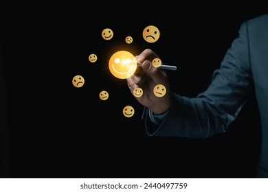 Business Quality Achievement and Excellence Concept. Businessman pointing digital stylus pen showcases a glowing Smiling rating and award badge, symbolizing high quality and excellence in business. Stockfoto
