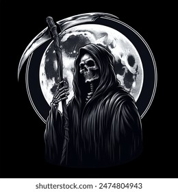 Cartoon artistic image of grim reaper with moon on black background