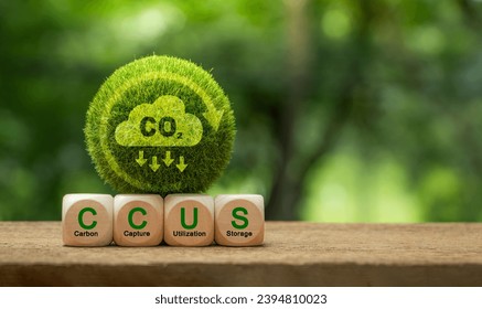 CCUS(Carbon Capture, Utilization and Storage)の概念。単語CCUSの木のブロックと世界地図と緑の地球に。CO2の捕捉と保管の技術。正味のゼロターゲット、地球温暖化を制限する。の写真素材
