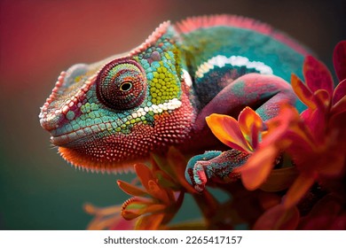 Chameleon on the flower. Beautiful extreme close-up. Foto Stock