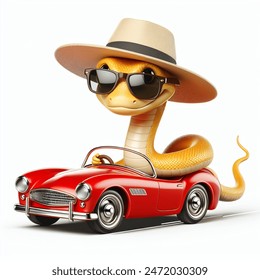 a cheerful, kind golden snake rushes on a red convertible, realistic drawing, white backgrouna cheerful, kind golden snake rushes on a red convertible, a wide-brimmed hat on the snake's head, fashionable glasses on the snake, realistic drawing, white
