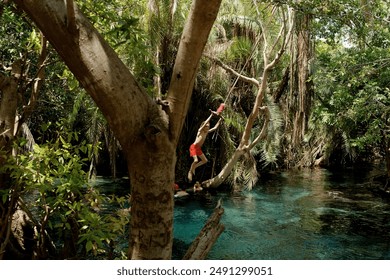 Un niño se balancea desde una cuerda atada a un árbol sobre una piscina natural cristalina rodeada de exuberante vegetación. Foto de stock