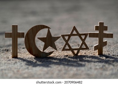 Christianity, Islam, Judaism 3 monotheistic religions. Jewish Star,  Christian and Orthodox crosses and Crescent and star : Interreligious or interfaith symbols. Stock Photo