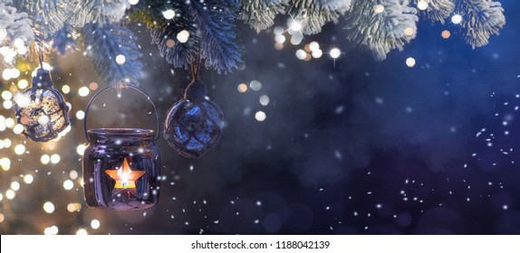 Christmas Lantern, Christmas and New Year holidays background, winter season.  Stock Photo