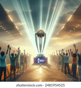 A cinematic view of the cricket T20 World Cup trophy on a podium far away on the road and rays coming from behind it and people cheering at the side of the road.