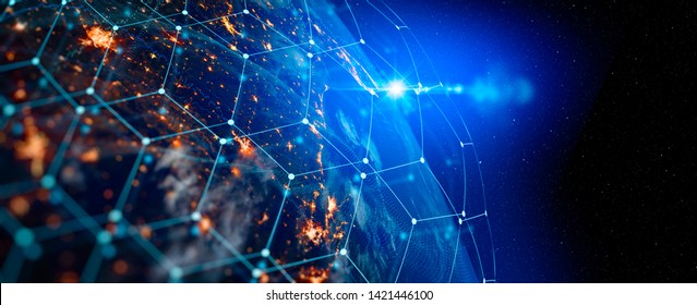 Tehnologie de comunicare pentru afaceri pe internet. Rețeaua mondială globală și telecomunicațiile pe pământ Criptomonedă și blockchain și IoT. Elemente ale acestei imagini mobilate de NASA, fotografie de stoc