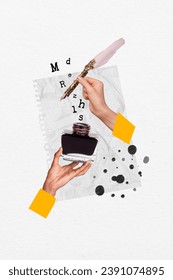 Composite collage picture image of hands hold feather ink pot letters vintage novel writing surrealism template metaphor artwork concept Stock-foto